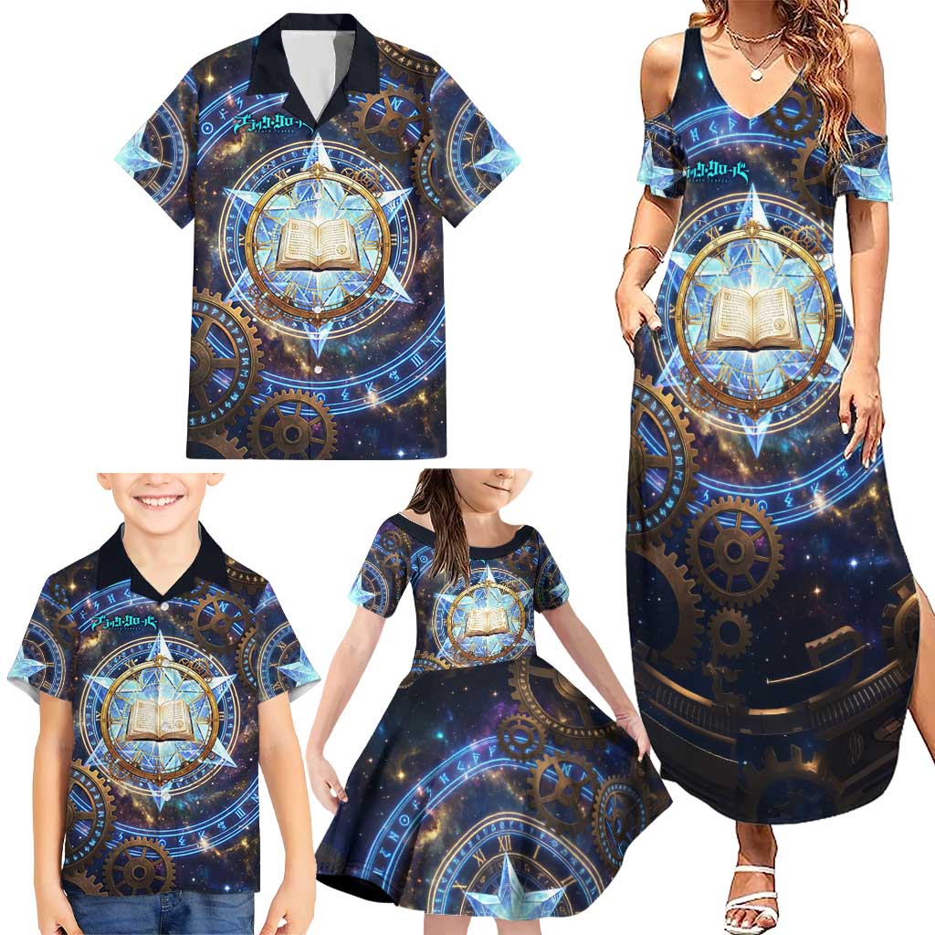 Julius Novachrono Black Clover Family Matching Summer Maxi Dress and Hawaiian Shirt Cosmic Time Magic Style with Celestial Clockwork Motif