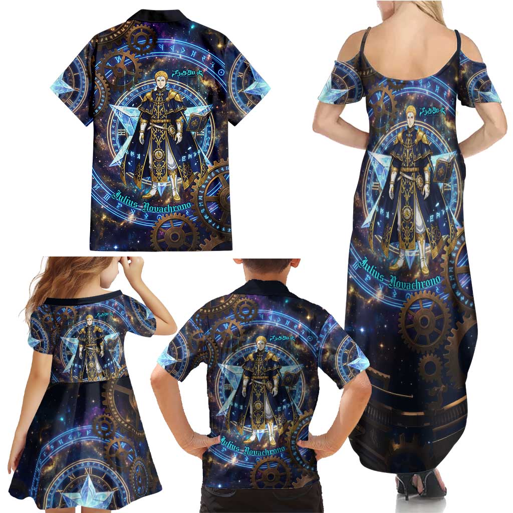 Julius Novachrono Black Clover Family Matching Summer Maxi Dress and Hawaiian Shirt Cosmic Time Magic Style with Celestial Clockwork Motif