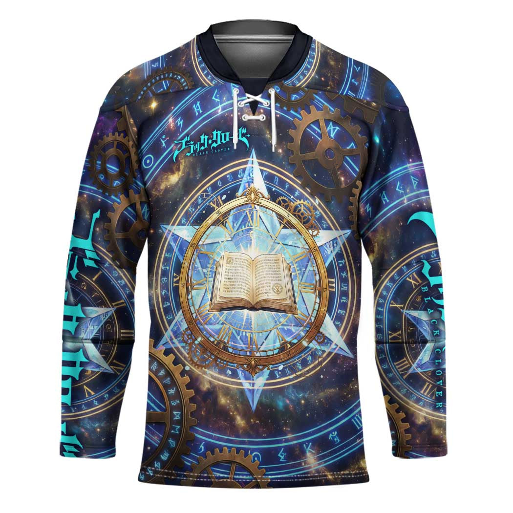Julius Novachrono Black Clover Hockey Jersey Cosmic Time Magic Style with Celestial Clockwork Motif