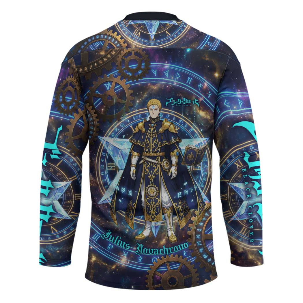 Julius Novachrono Black Clover Hockey Jersey Cosmic Time Magic Style with Celestial Clockwork Motif
