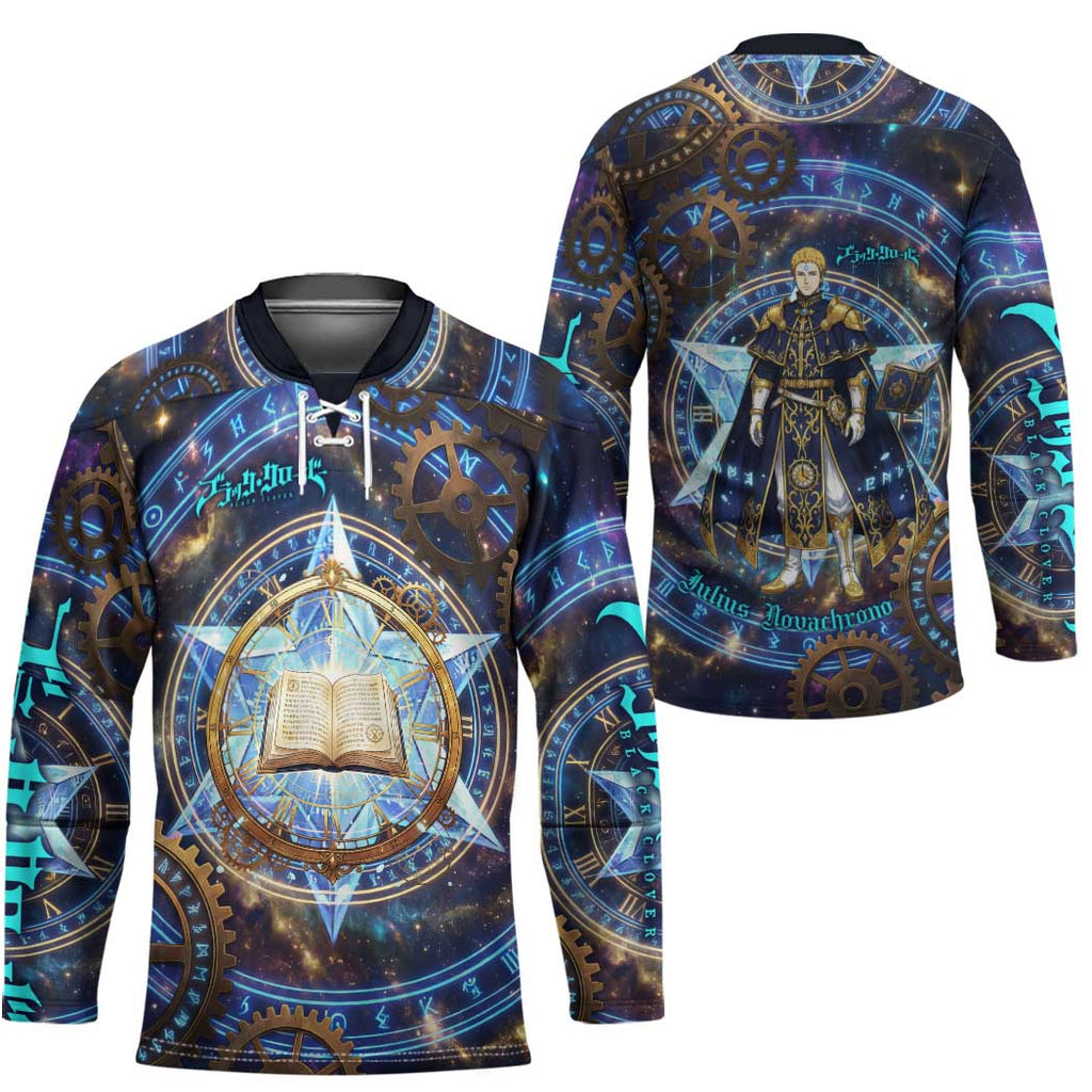 Julius Novachrono Black Clover Hockey Jersey Cosmic Time Magic Style with Celestial Clockwork Motif