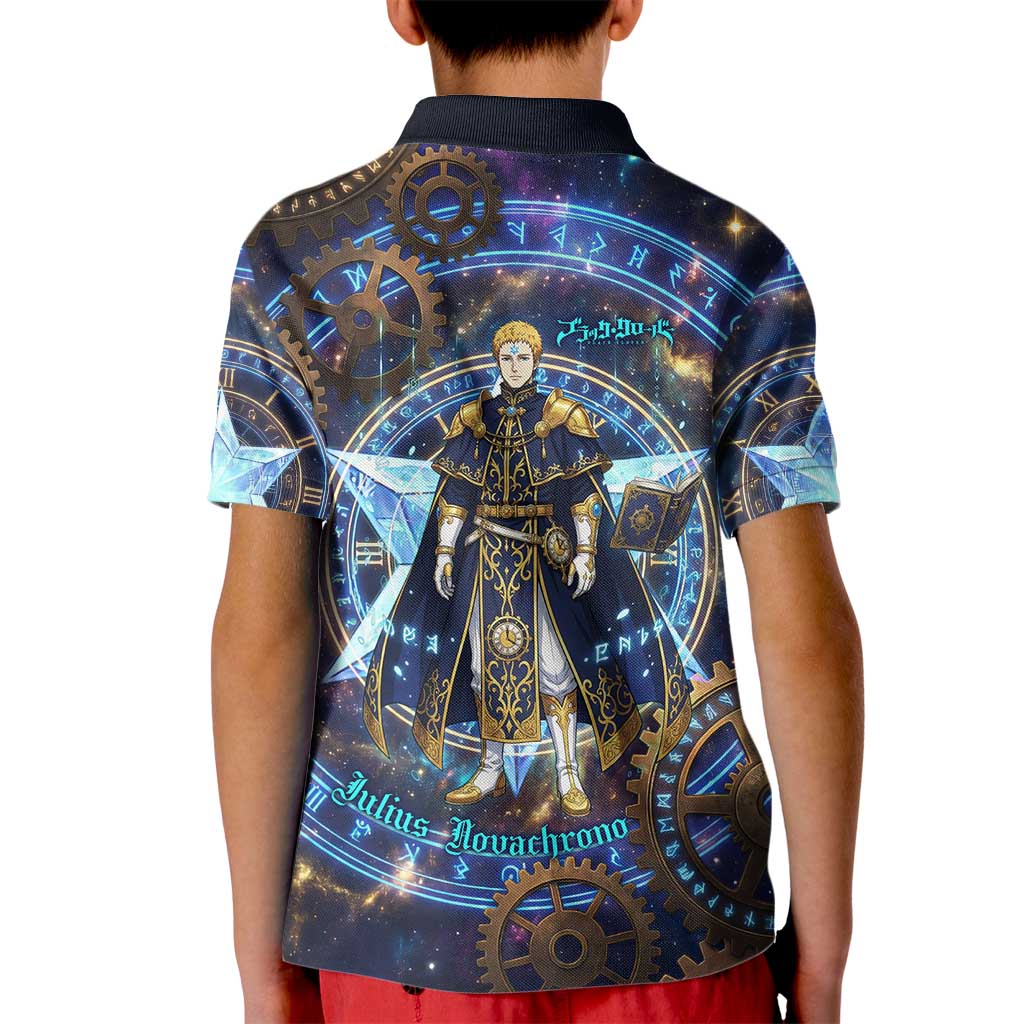 Julius Novachrono Black Clover Kid Polo Shirt Cosmic Time Magic Style with Celestial Clockwork Motif