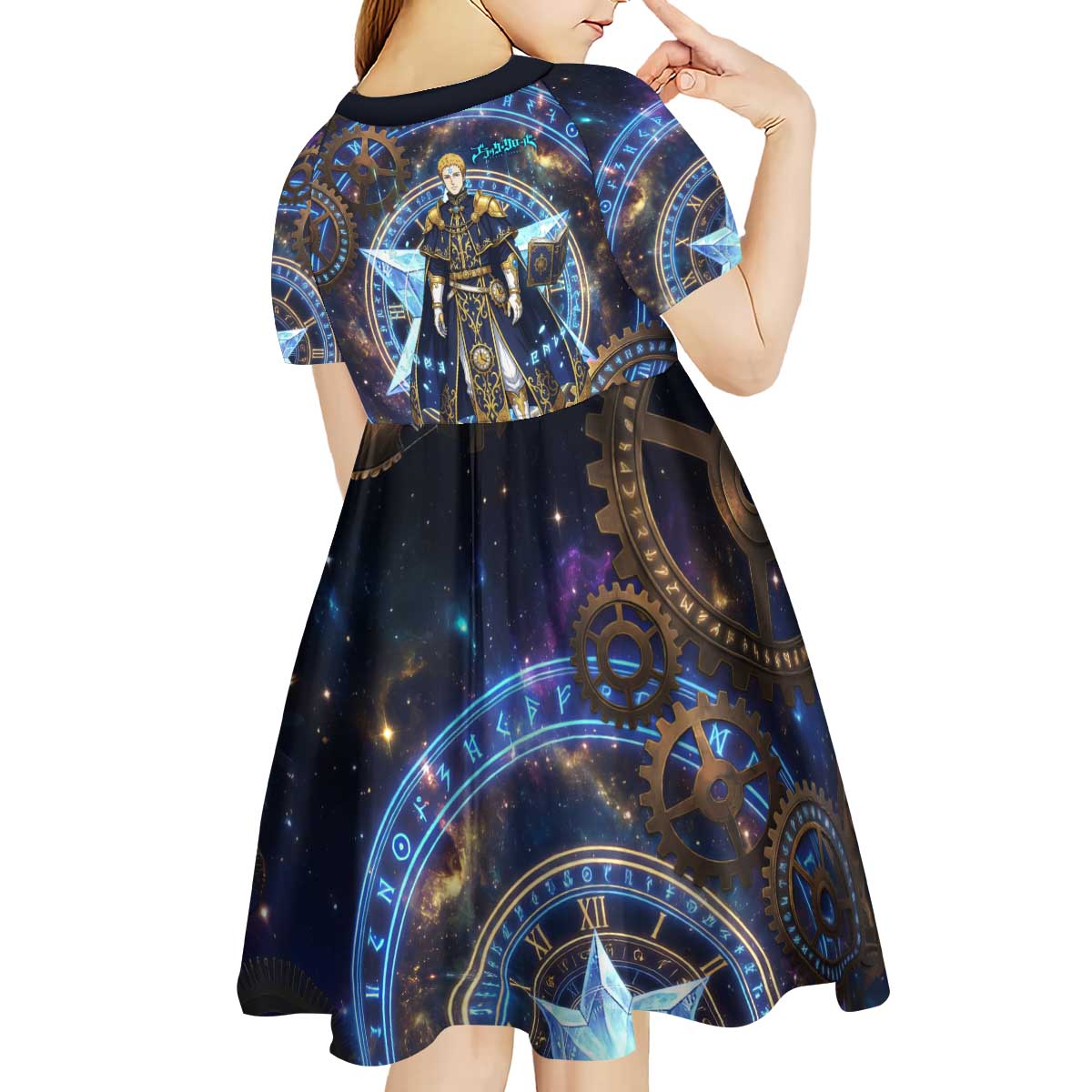 Julius Novachrono Black Clover Kid Short Sleeve Dress Cosmic Time Magic Style with Celestial Clockwork Motif