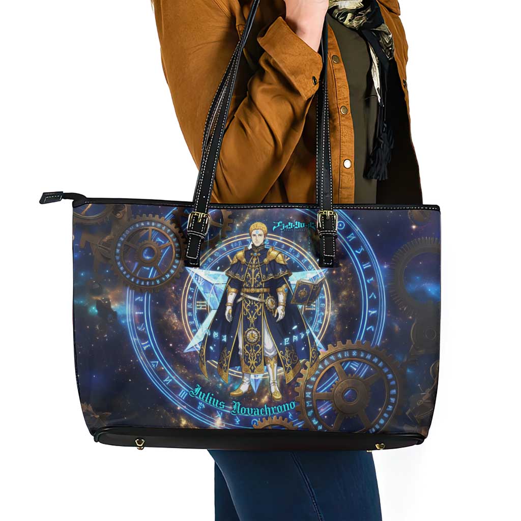 Julius Novachrono Black Clover Leather Tote Bag Cosmic Time Magic Style with Celestial Clockwork Motif