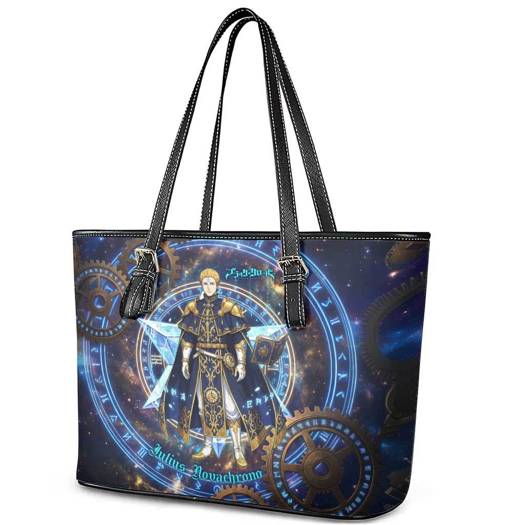 Julius Novachrono Black Clover Leather Tote Bag Cosmic Time Magic Style with Celestial Clockwork Motif