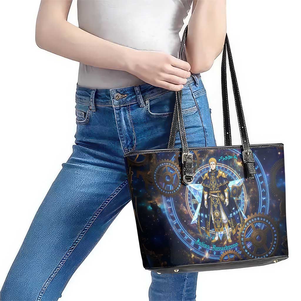 Julius Novachrono Black Clover Leather Tote Bag Cosmic Time Magic Style with Celestial Clockwork Motif