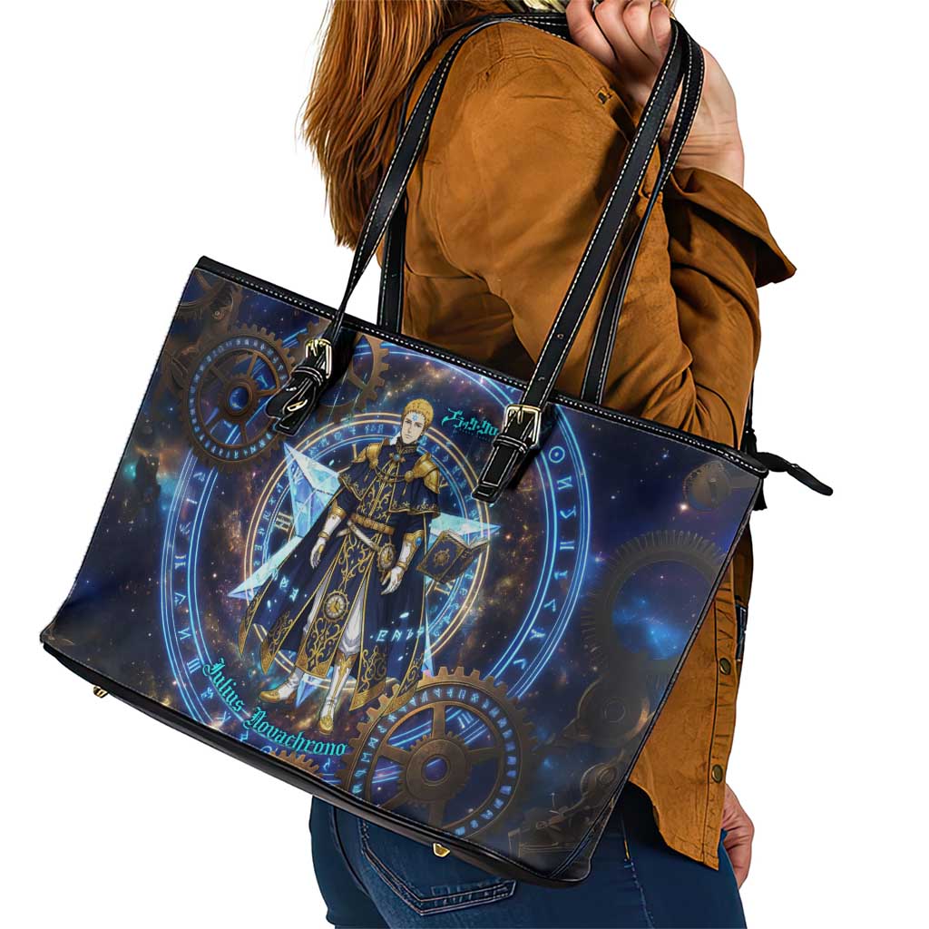 Julius Novachrono Black Clover Leather Tote Bag Cosmic Time Magic Style with Celestial Clockwork Motif