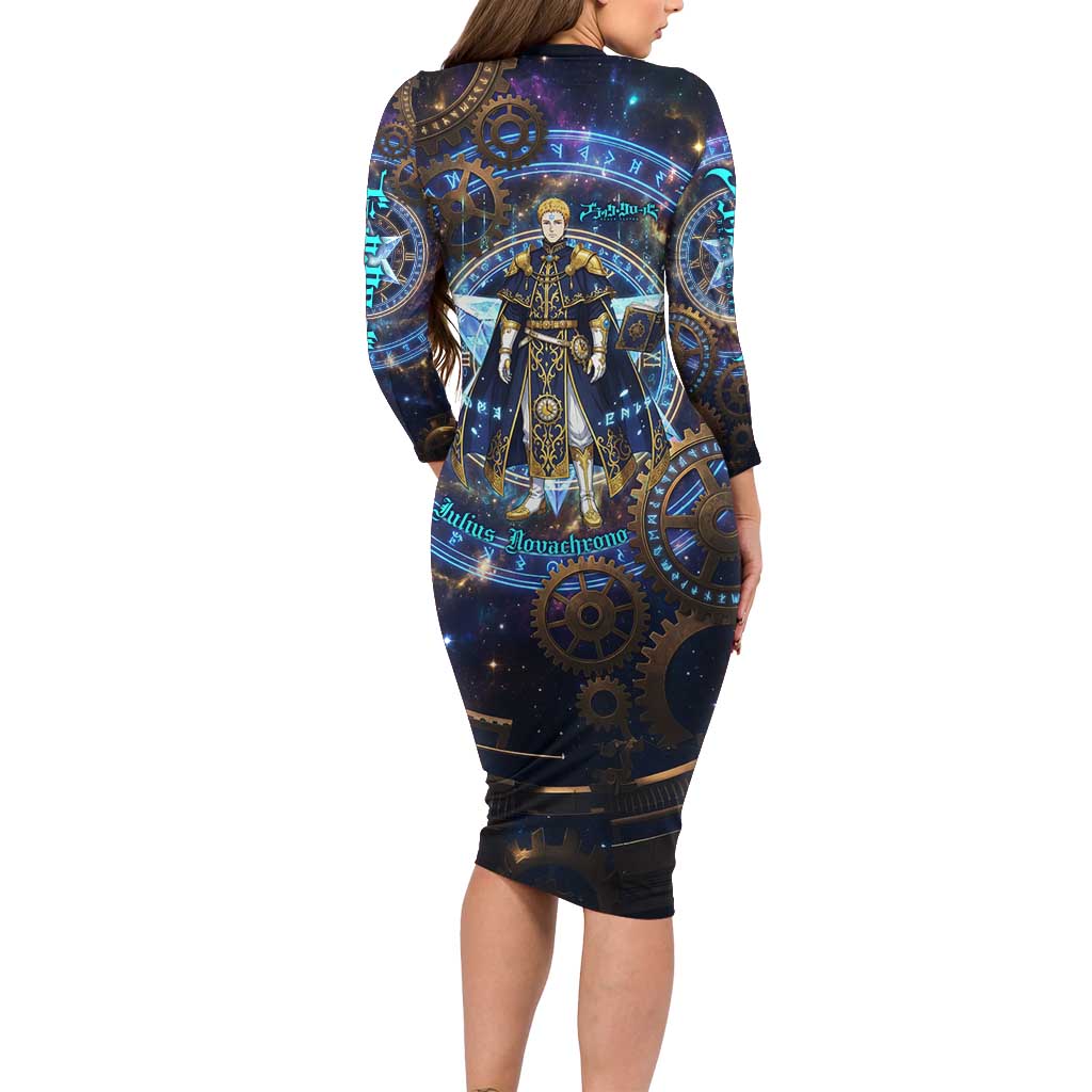 Julius Novachrono Black Clover Long Sleeve Bodycon Dress Cosmic Time Magic Style with Celestial Clockwork Motif