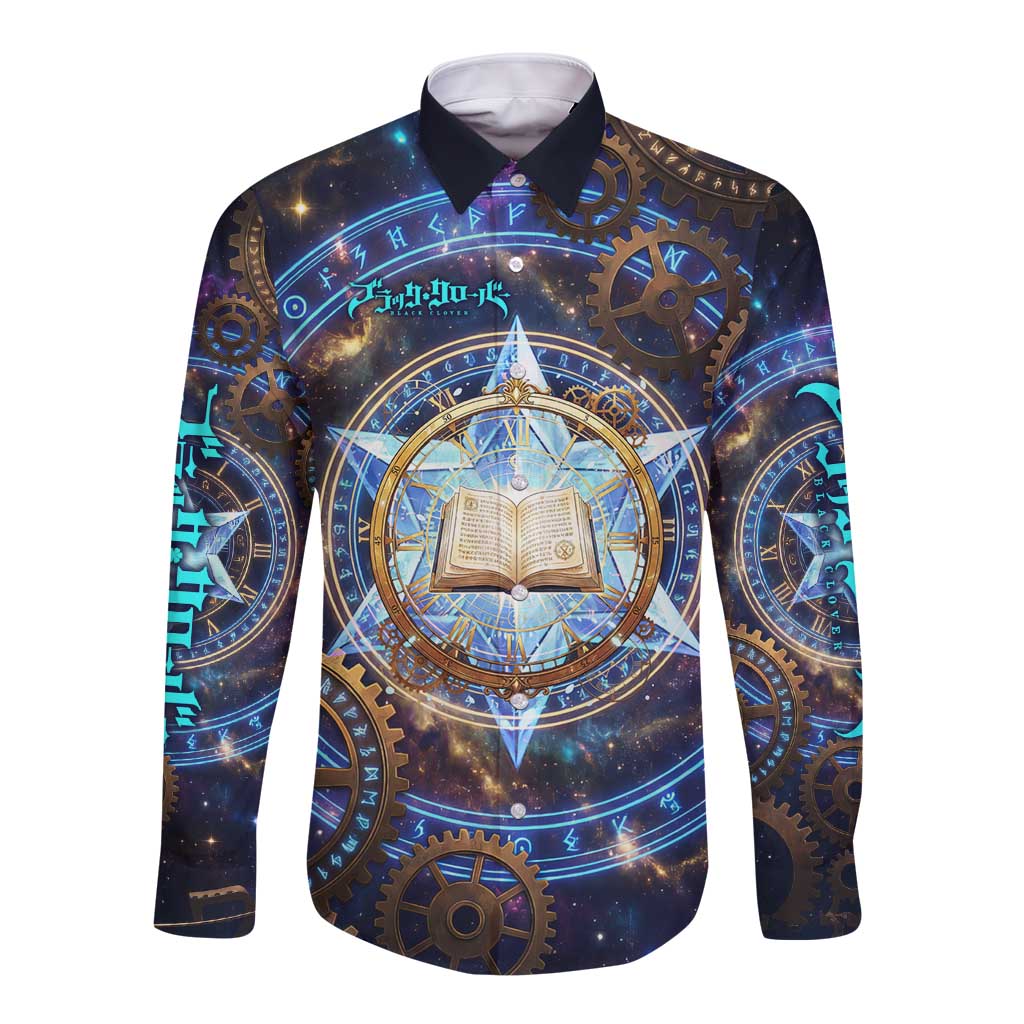 Julius Novachrono Black Clover Long Sleeve Button Shirt Cosmic Time Magic Style with Celestial Clockwork Motif