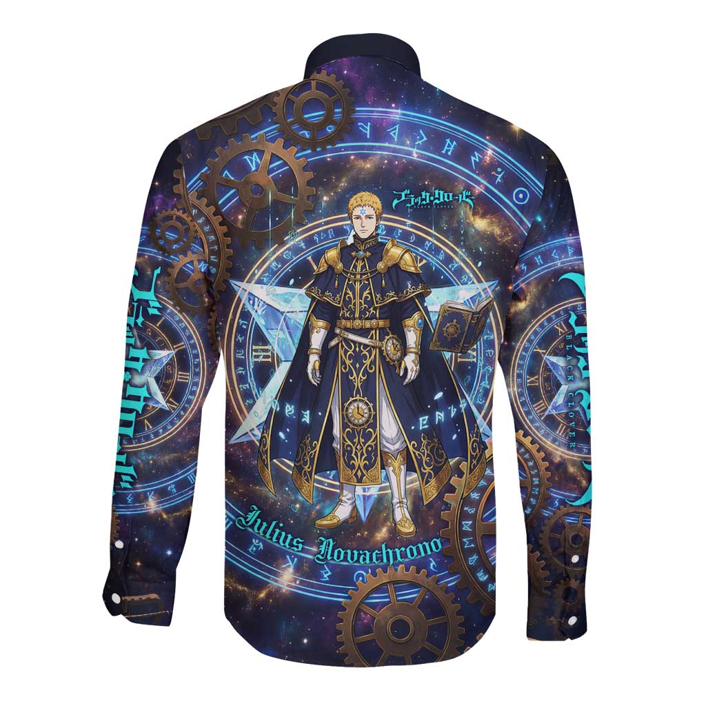 Julius Novachrono Black Clover Long Sleeve Button Shirt Cosmic Time Magic Style with Celestial Clockwork Motif