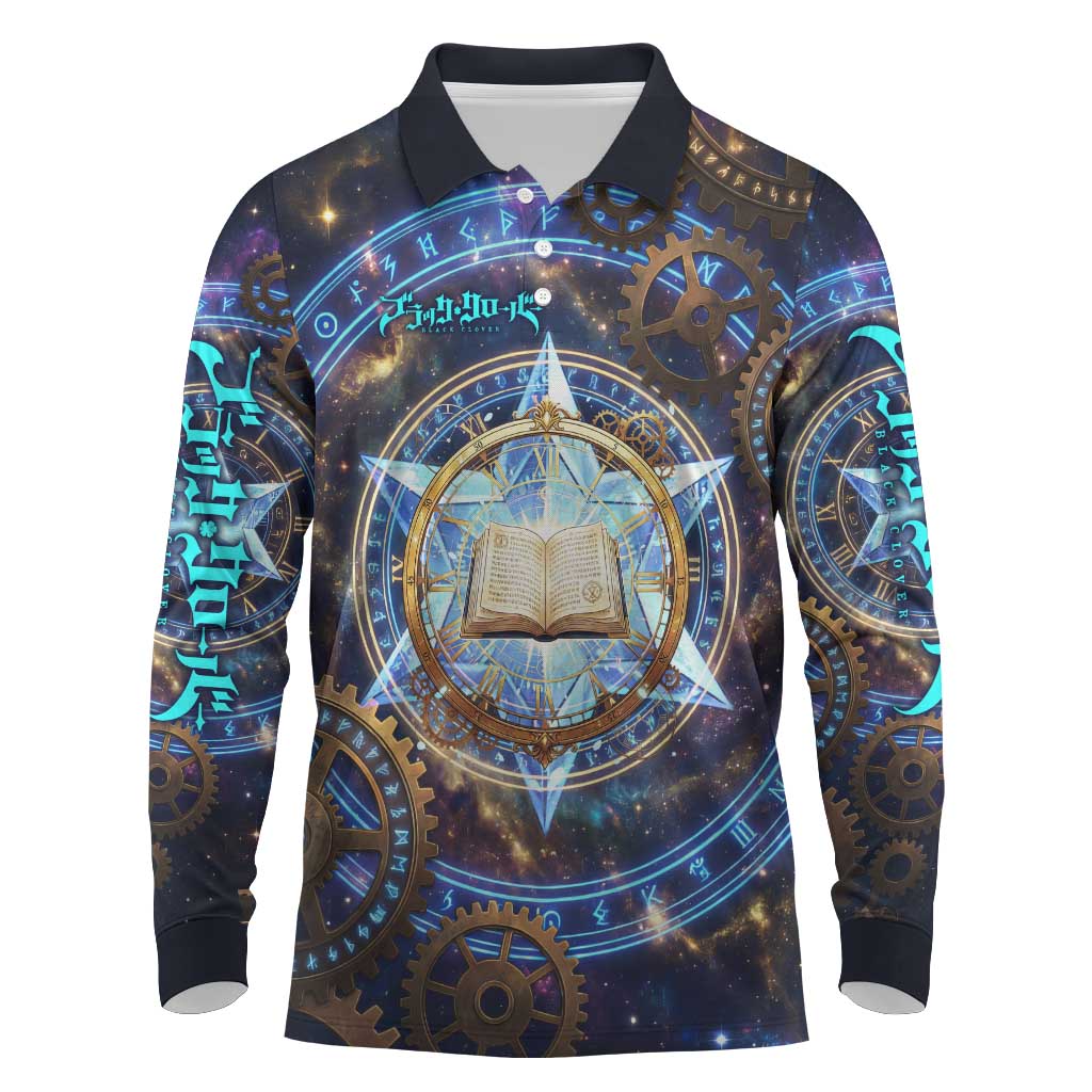 Julius Novachrono Black Clover Long Sleeve Polo Shirt Cosmic Time Magic Style with Celestial Clockwork Motif