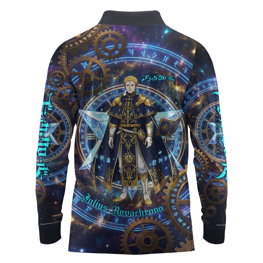 Julius Novachrono Black Clover Long Sleeve Polo Shirt Cosmic Time Magic Style with Celestial Clockwork Motif