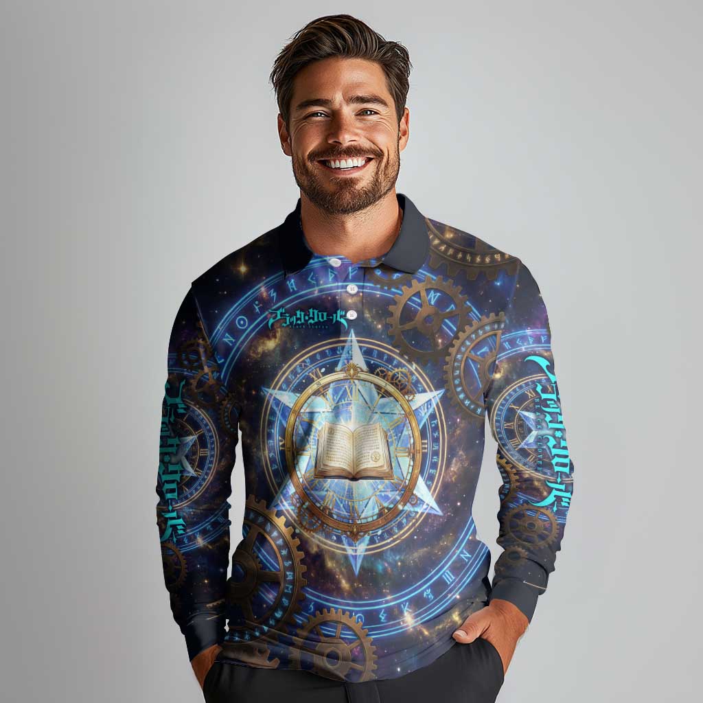Julius Novachrono Black Clover Long Sleeve Polo Shirt Cosmic Time Magic Style with Celestial Clockwork Motif
