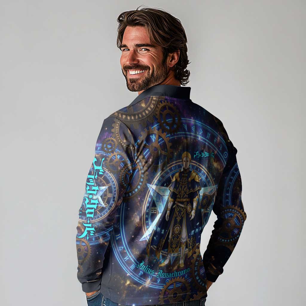Julius Novachrono Black Clover Long Sleeve Polo Shirt Cosmic Time Magic Style with Celestial Clockwork Motif