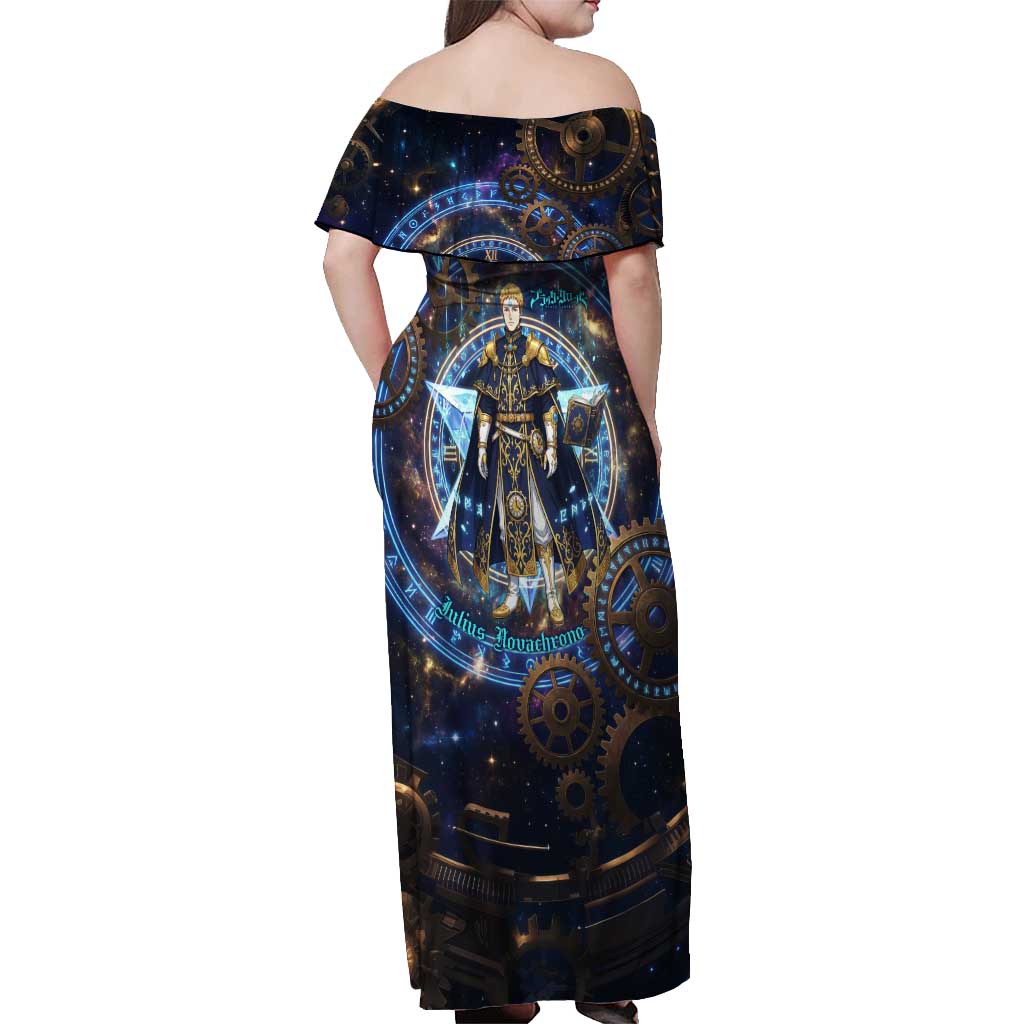 Julius Novachrono Black Clover Off Shoulder Maxi Dress Cosmic Time Magic Style with Celestial Clockwork Motif