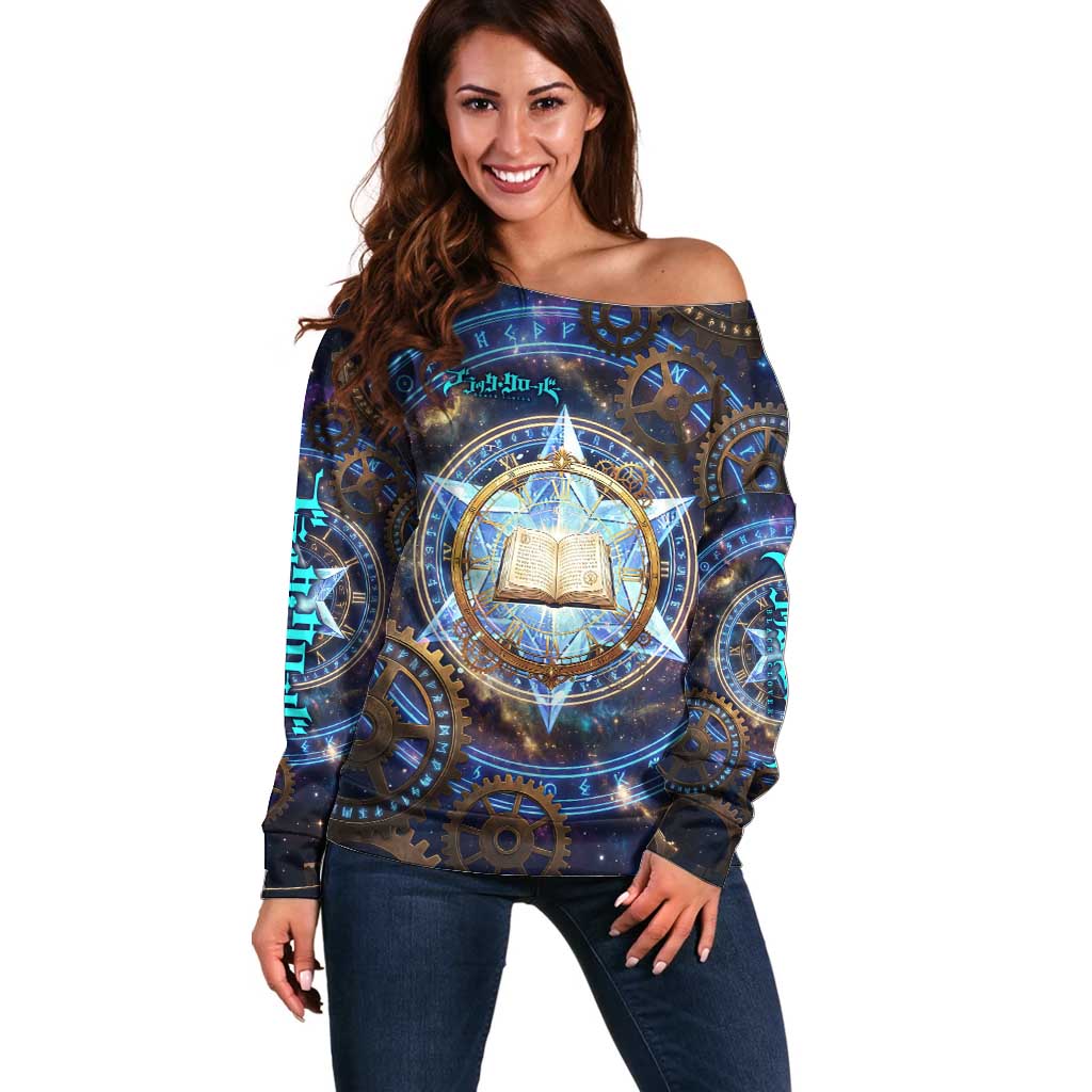 Julius Novachrono Black Clover Off Shoulder Sweater Cosmic Time Magic Style with Celestial Clockwork Motif