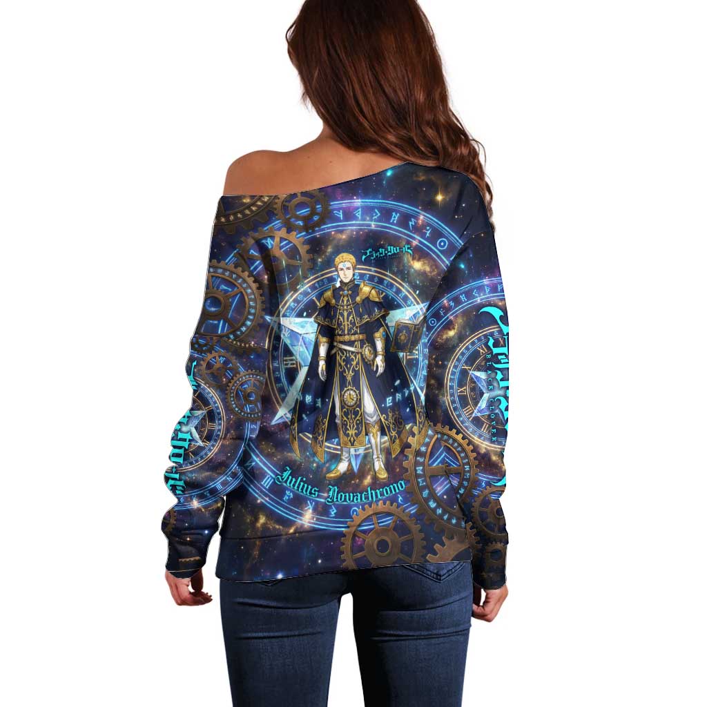 Julius Novachrono Black Clover Off Shoulder Sweater Cosmic Time Magic Style with Celestial Clockwork Motif