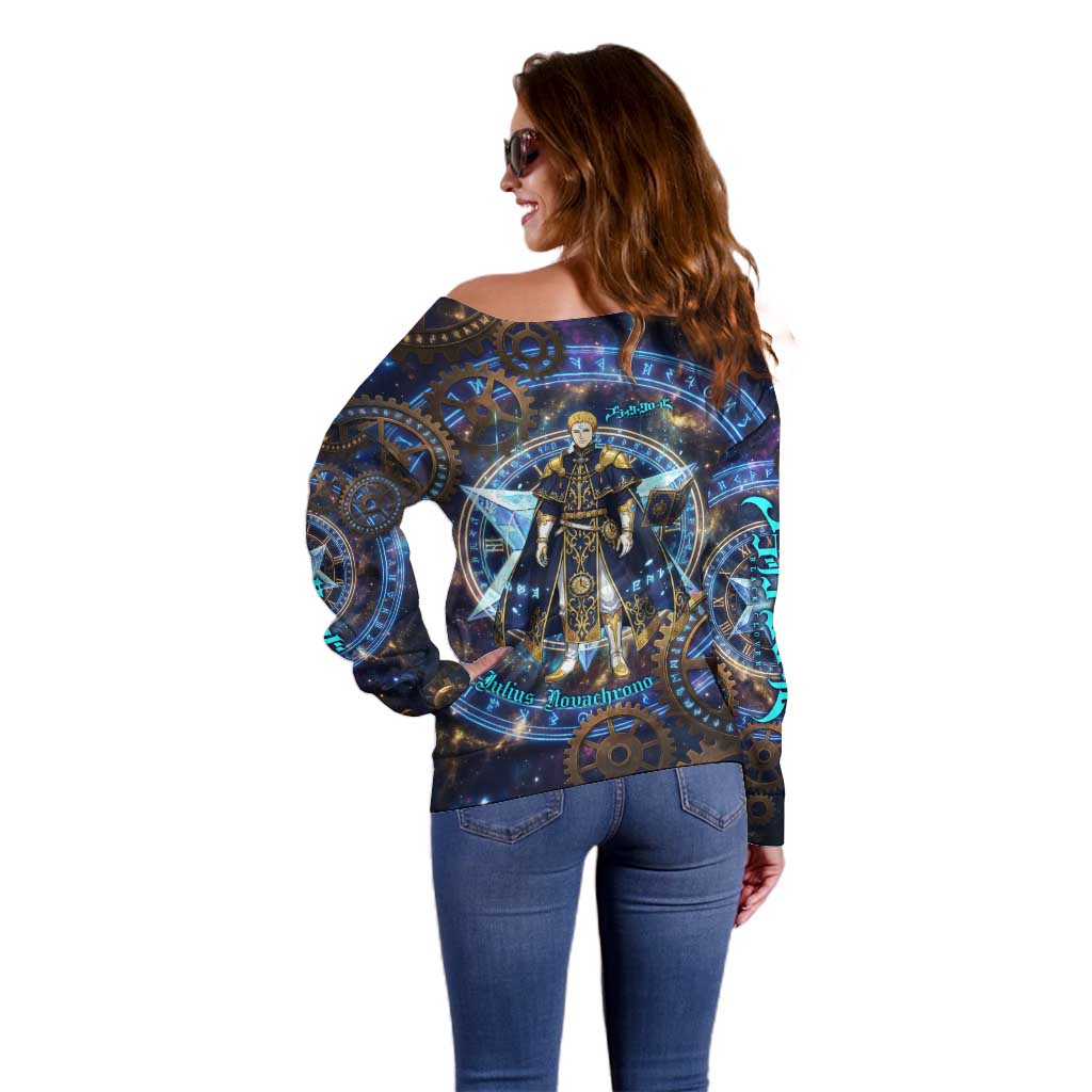 Julius Novachrono Black Clover Off Shoulder Sweater Cosmic Time Magic Style with Celestial Clockwork Motif