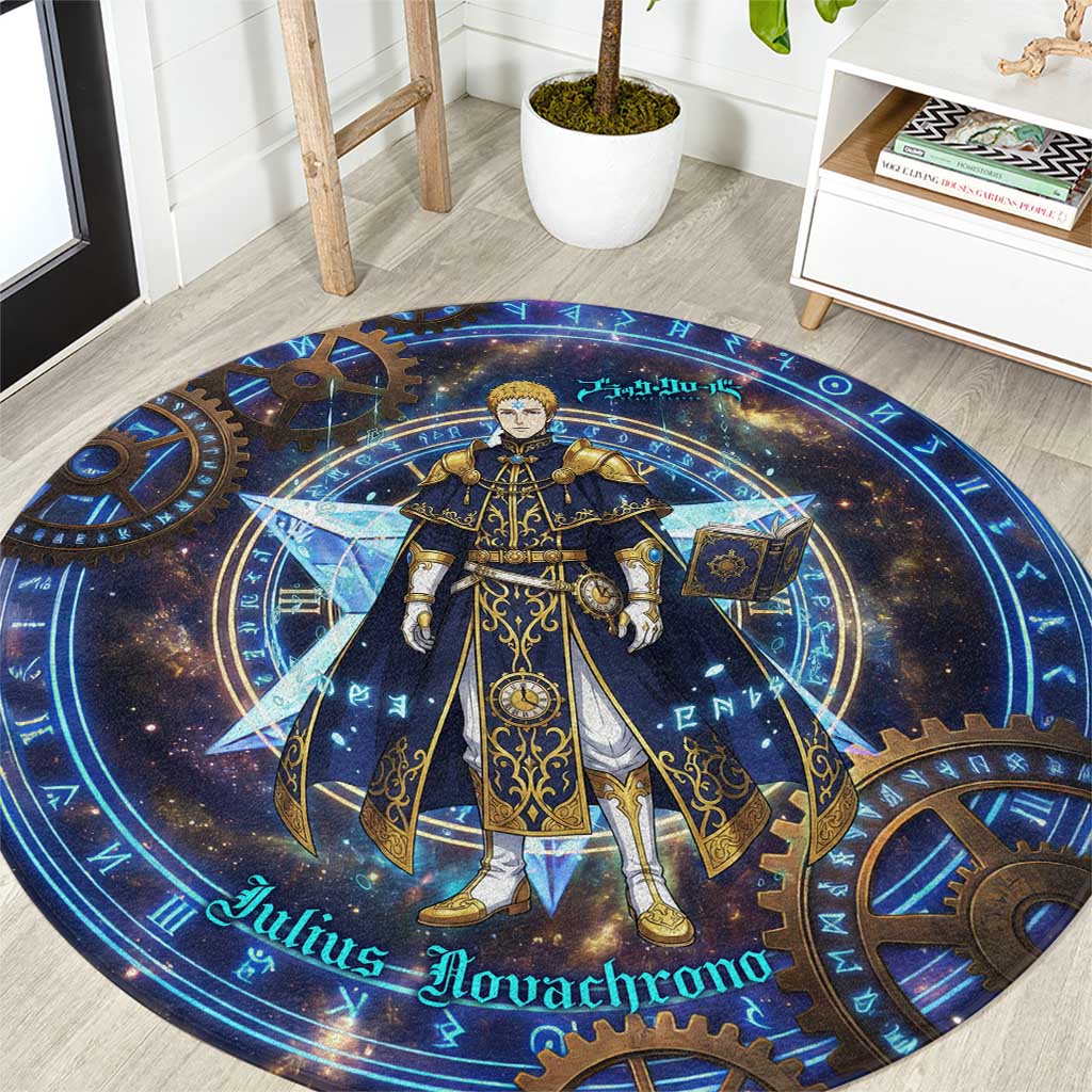 Julius Novachrono Black Clover Round Carpet Cosmic Time Magic Style with Celestial Clockwork Motif