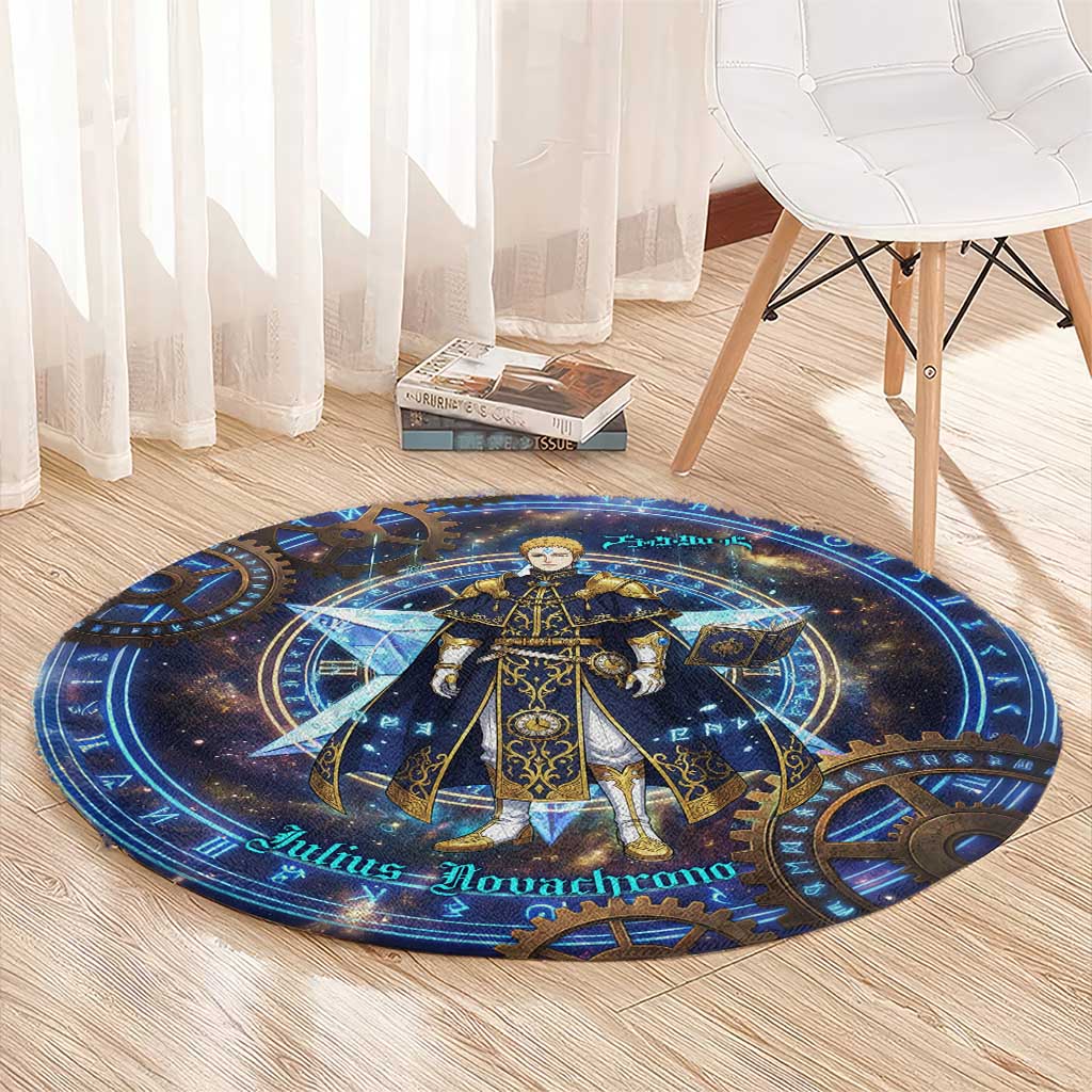 Julius Novachrono Black Clover Round Carpet Cosmic Time Magic Style with Celestial Clockwork Motif