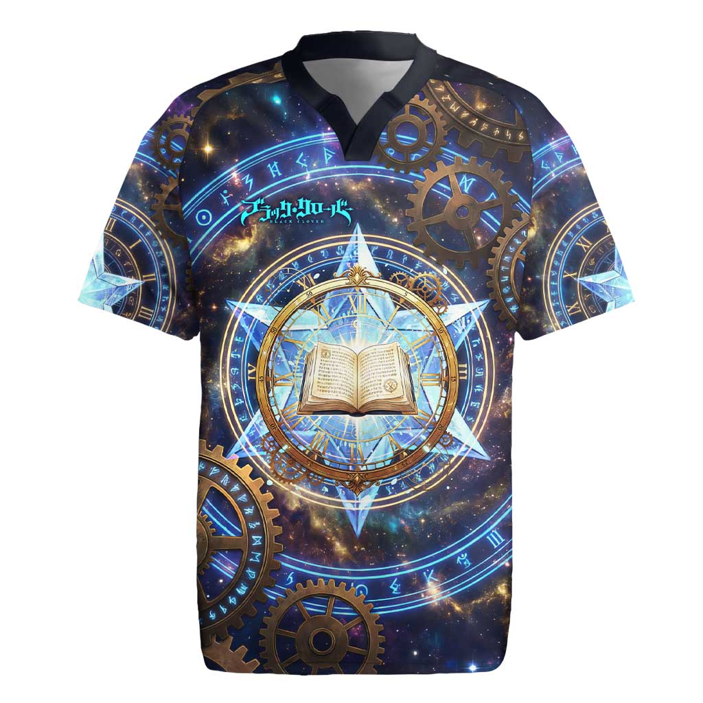 Julius Novachrono Black Clover Rugby Jersey Cosmic Time Magic Style with Celestial Clockwork Motif
