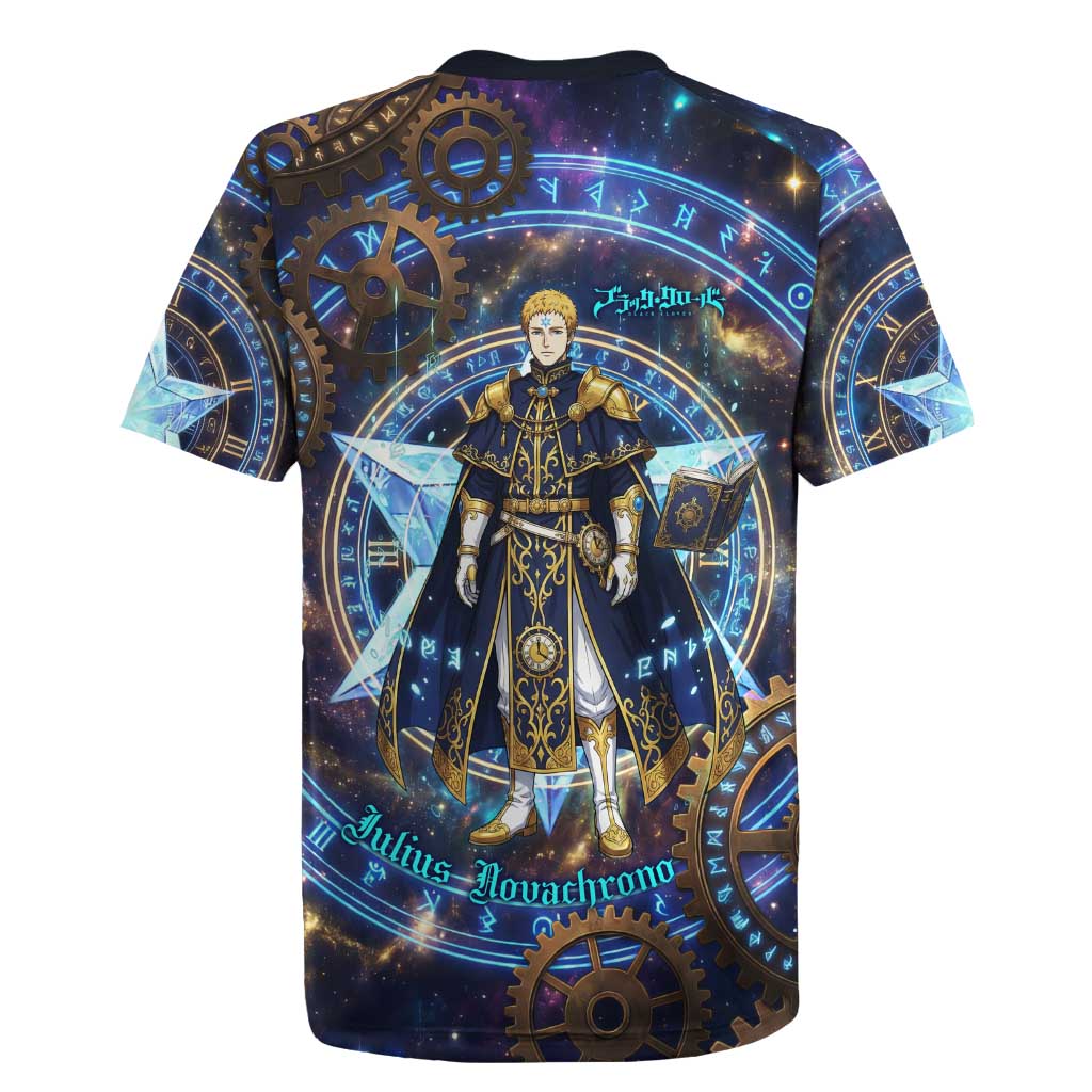 Julius Novachrono Black Clover Rugby Jersey Cosmic Time Magic Style with Celestial Clockwork Motif