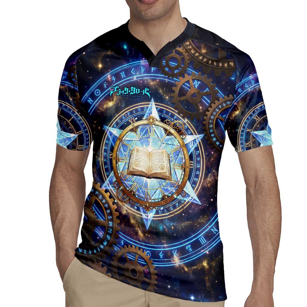 Julius Novachrono Black Clover Rugby Jersey Cosmic Time Magic Style with Celestial Clockwork Motif
