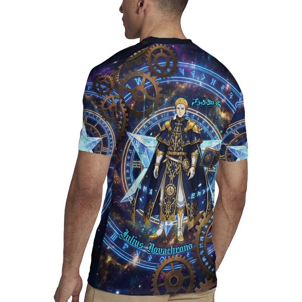 Julius Novachrono Black Clover Rugby Jersey Cosmic Time Magic Style with Celestial Clockwork Motif