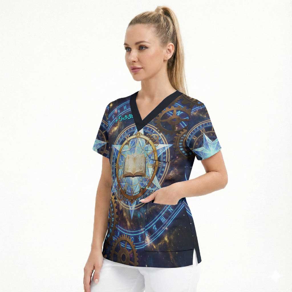 Julius Novachrono Black Clover Scrub Top Cosmic Time Magic Style with Celestial Clockwork Motif