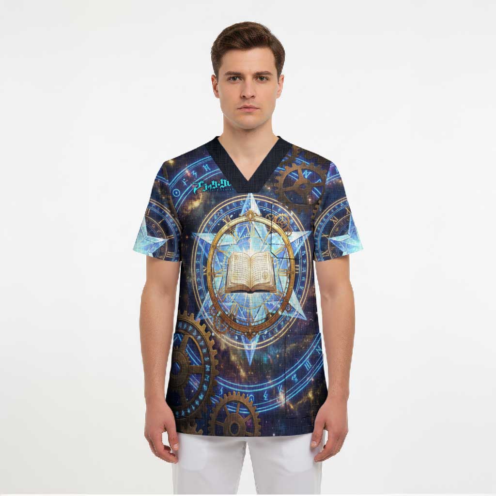 Julius Novachrono Black Clover Scrub Top Cosmic Time Magic Style with Celestial Clockwork Motif