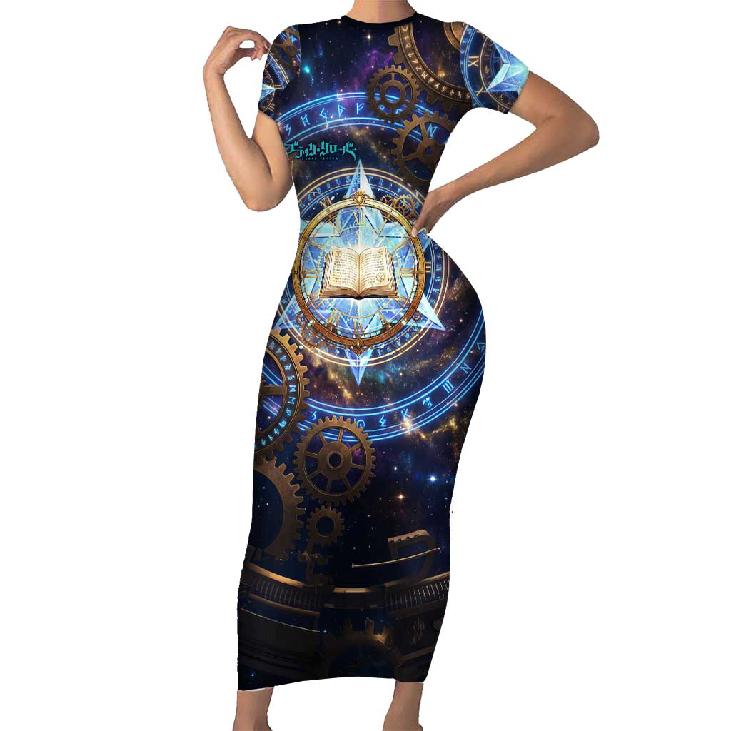 Julius Novachrono Black Clover Short Sleeve Bodycon Dress Cosmic Time Magic Style with Celestial Clockwork Motif