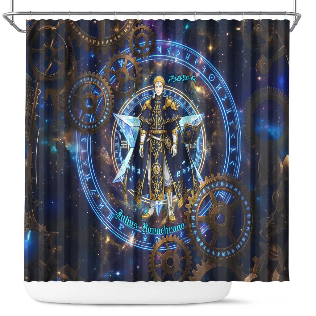 Julius Novachrono Black Clover Shower Curtain Cosmic Time Magic Style with Celestial Clockwork Motif
