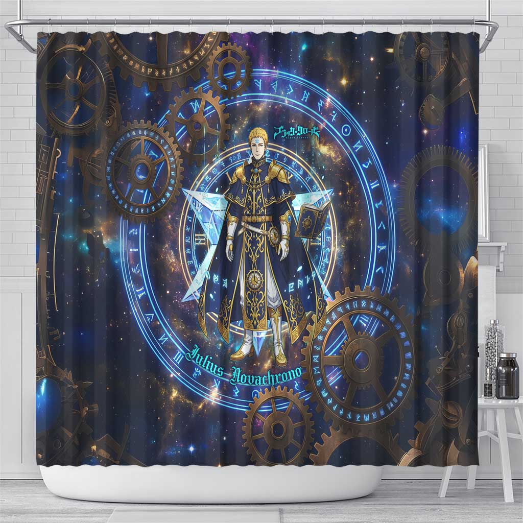 Julius Novachrono Black Clover Shower Curtain Cosmic Time Magic Style with Celestial Clockwork Motif