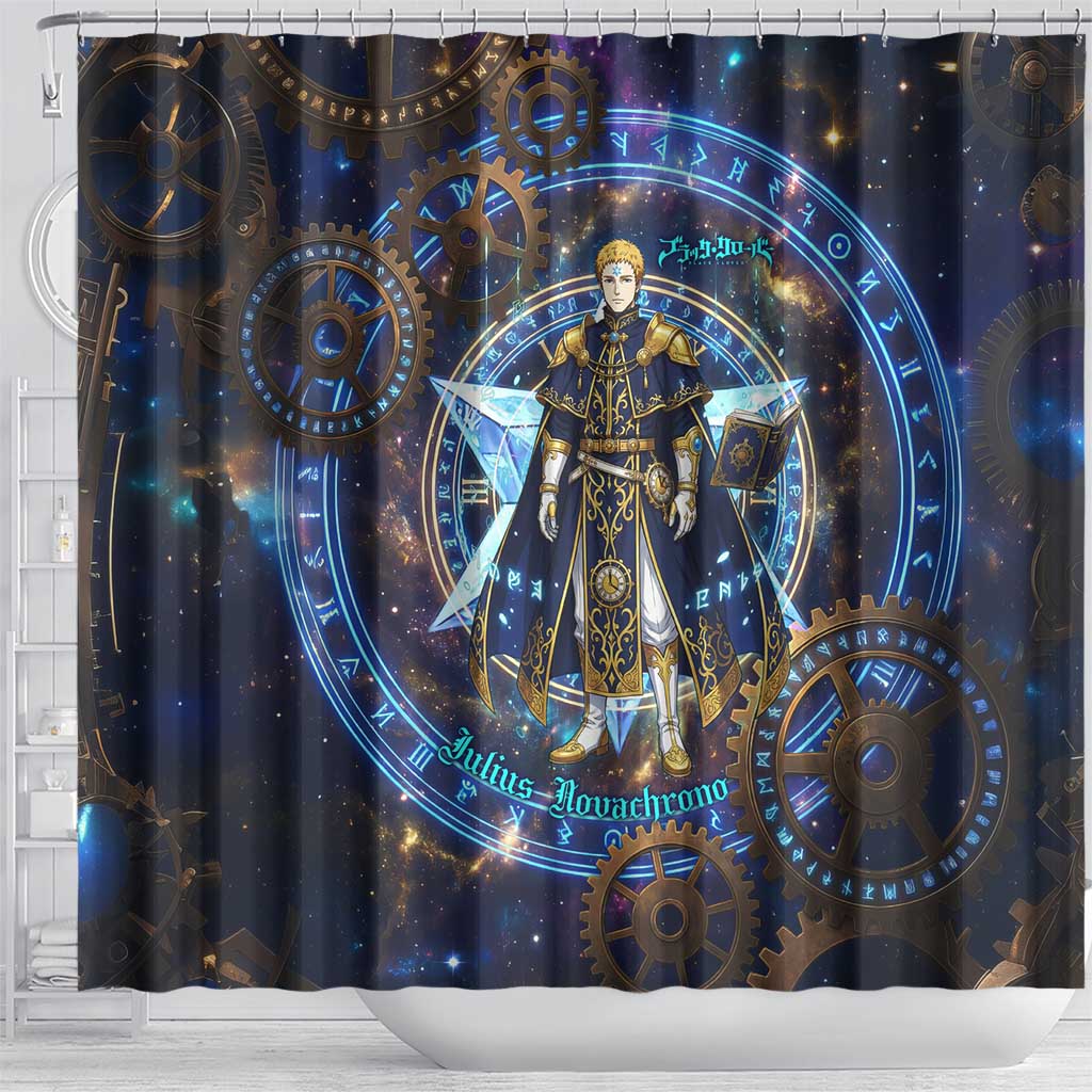 Julius Novachrono Black Clover Shower Curtain Cosmic Time Magic Style with Celestial Clockwork Motif