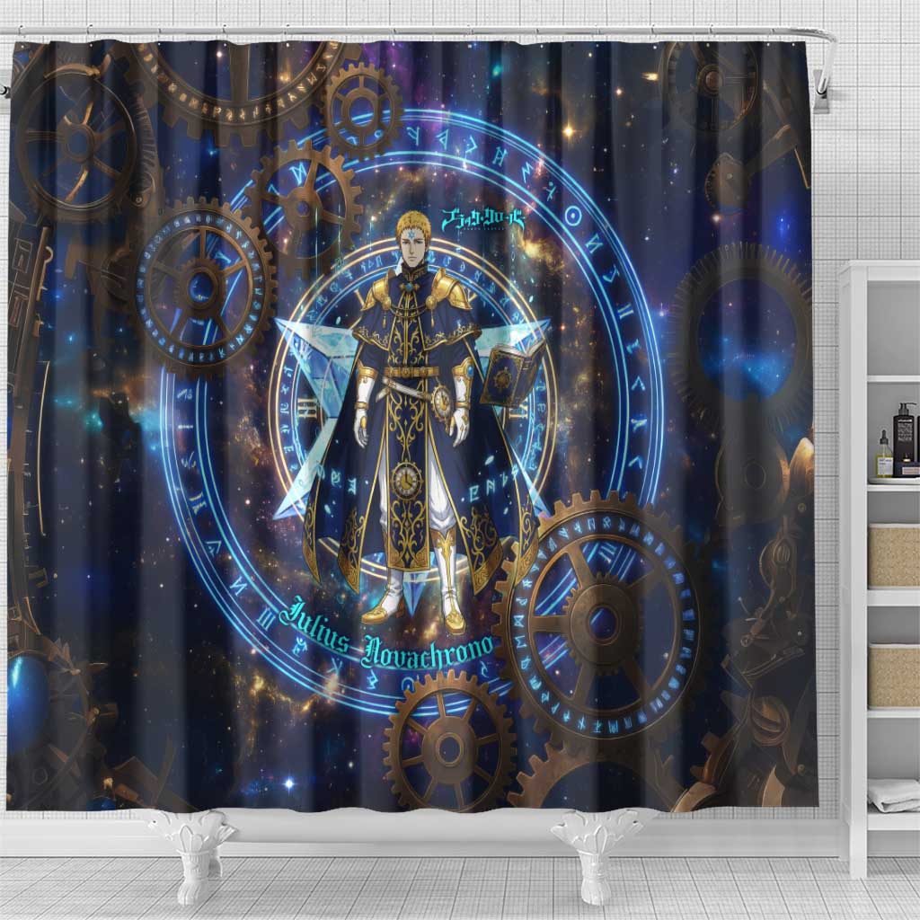 Julius Novachrono Black Clover Shower Curtain Cosmic Time Magic Style with Celestial Clockwork Motif