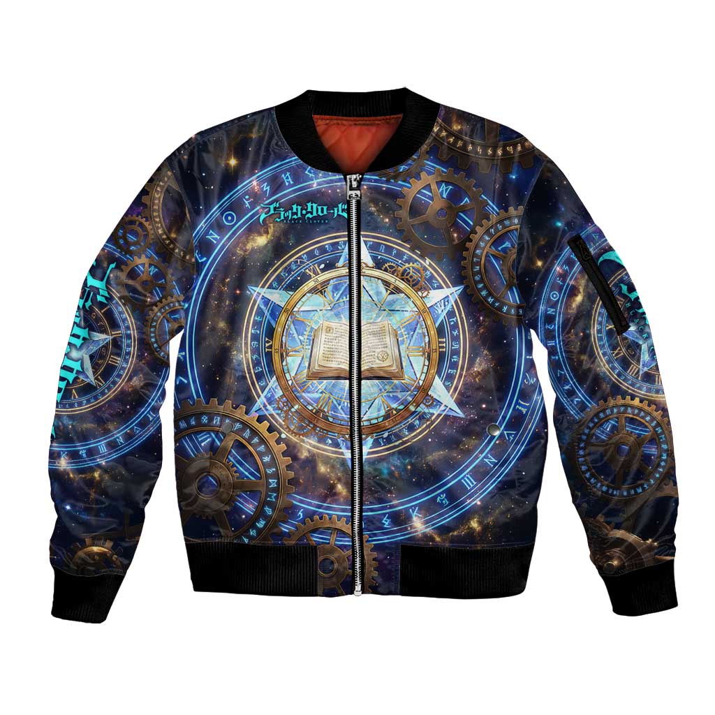 Julius Novachrono Black Clover Sleeve Zip Bomber Jacket Cosmic Time Magic Style with Celestial Clockwork Motif