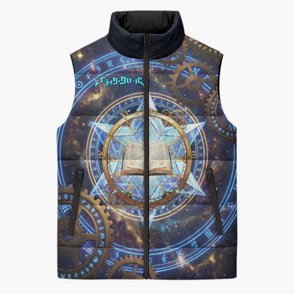 Julius Novachrono Black Clover Sleeveless Puffer Jacket Cosmic Time Magic Style with Celestial Clockwork Motif