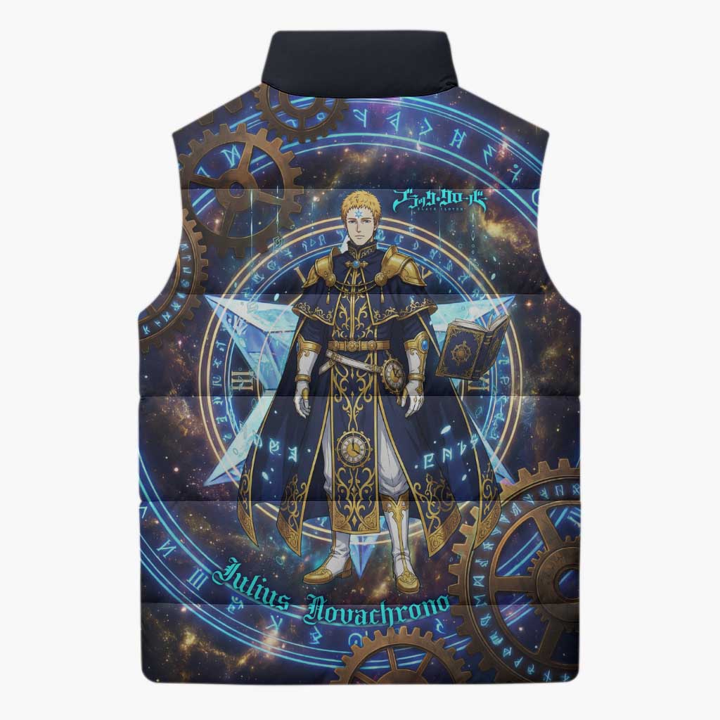 Julius Novachrono Black Clover Sleeveless Puffer Jacket Cosmic Time Magic Style with Celestial Clockwork Motif