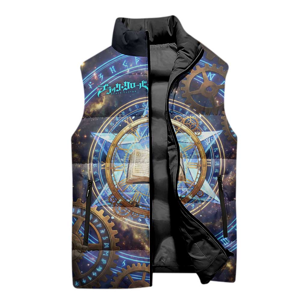 Julius Novachrono Black Clover Sleeveless Puffer Jacket Cosmic Time Magic Style with Celestial Clockwork Motif
