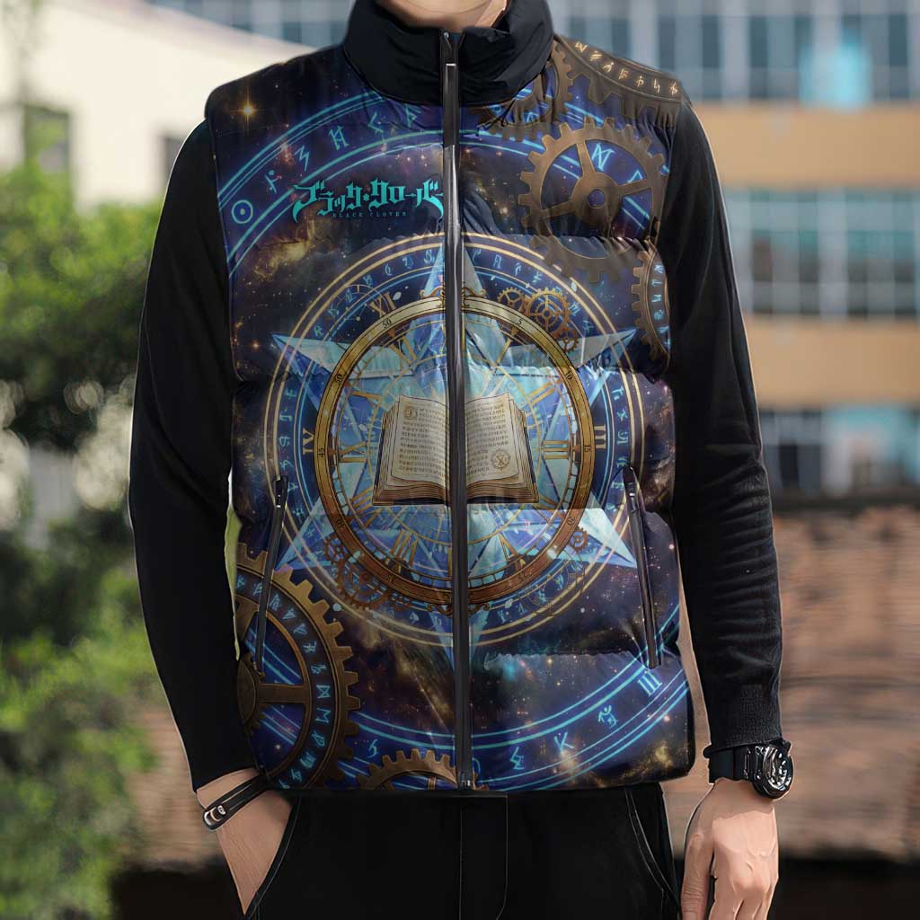 Julius Novachrono Black Clover Sleeveless Puffer Jacket Cosmic Time Magic Style with Celestial Clockwork Motif