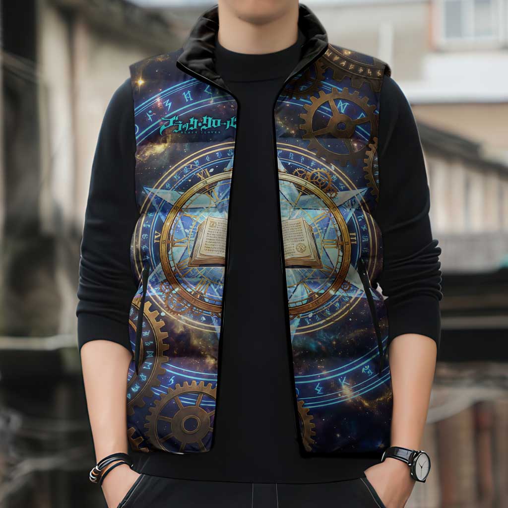 Julius Novachrono Black Clover Sleeveless Puffer Jacket Cosmic Time Magic Style with Celestial Clockwork Motif
