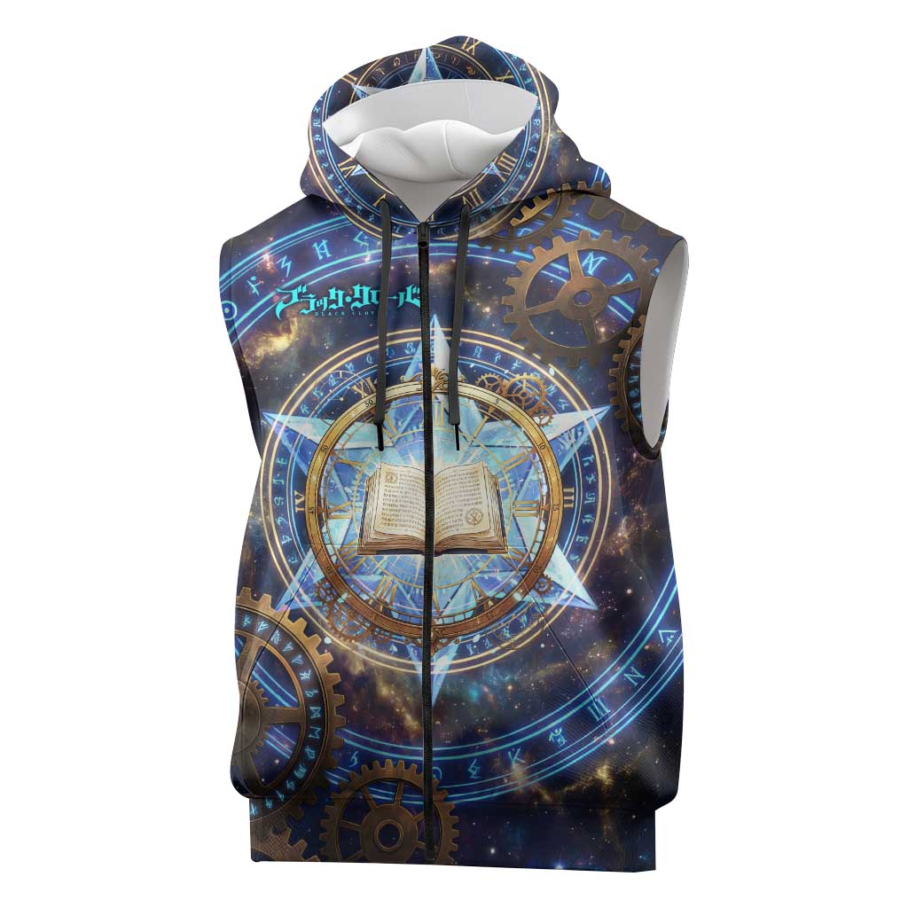 Julius Novachrono Black Clover Sleeveless Zip Hoodie Cosmic Time Magic Style with Celestial Clockwork Motif