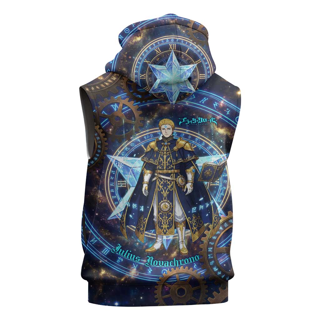 Julius Novachrono Black Clover Sleeveless Zip Hoodie Cosmic Time Magic Style with Celestial Clockwork Motif