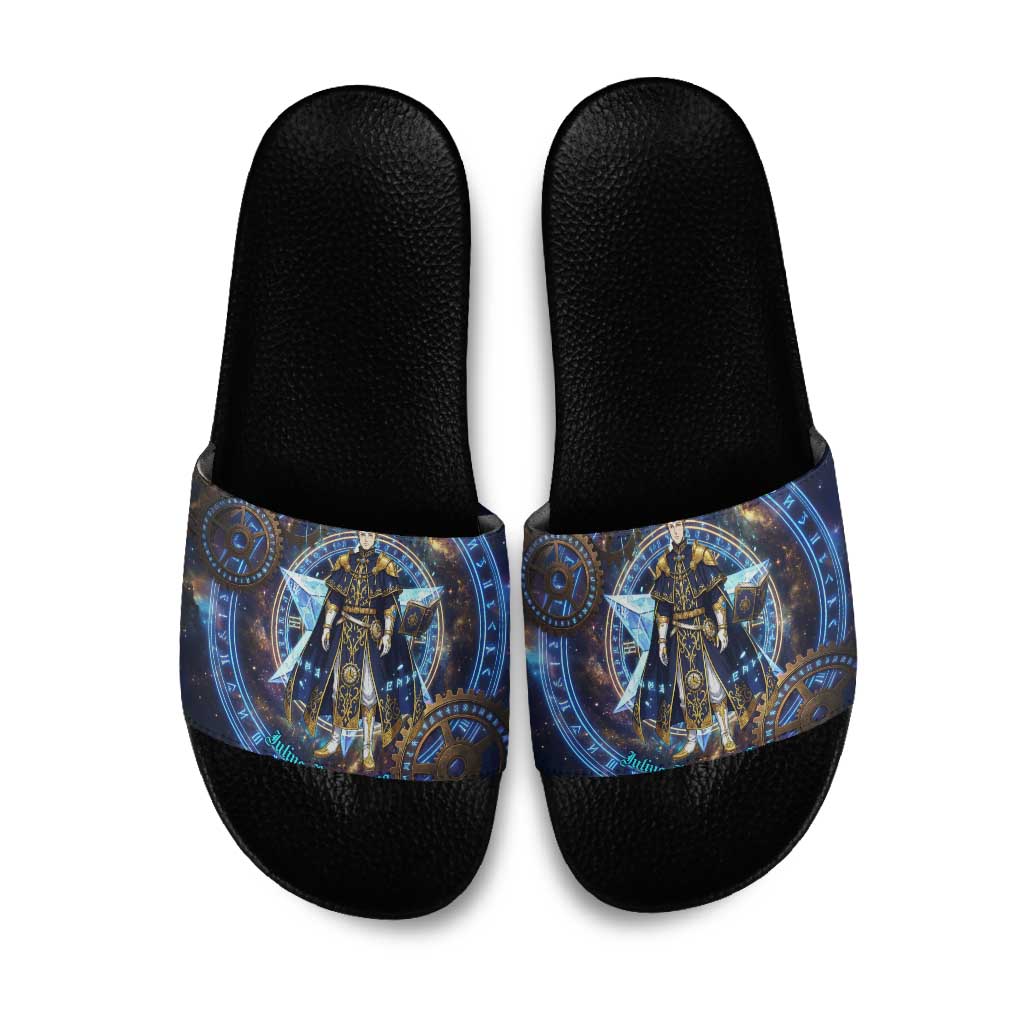 Julius Novachrono Black Clover Slide Sandals Cosmic Time Magic Style with Celestial Clockwork Motif