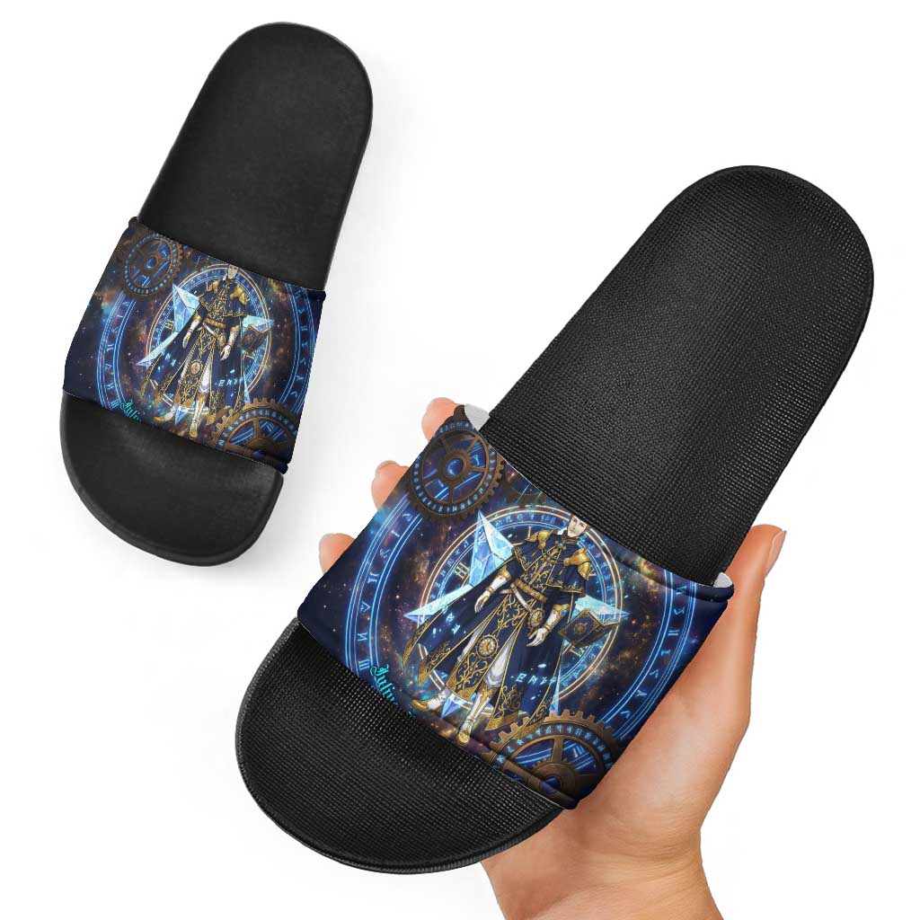 Julius Novachrono Black Clover Slide Sandals Cosmic Time Magic Style with Celestial Clockwork Motif