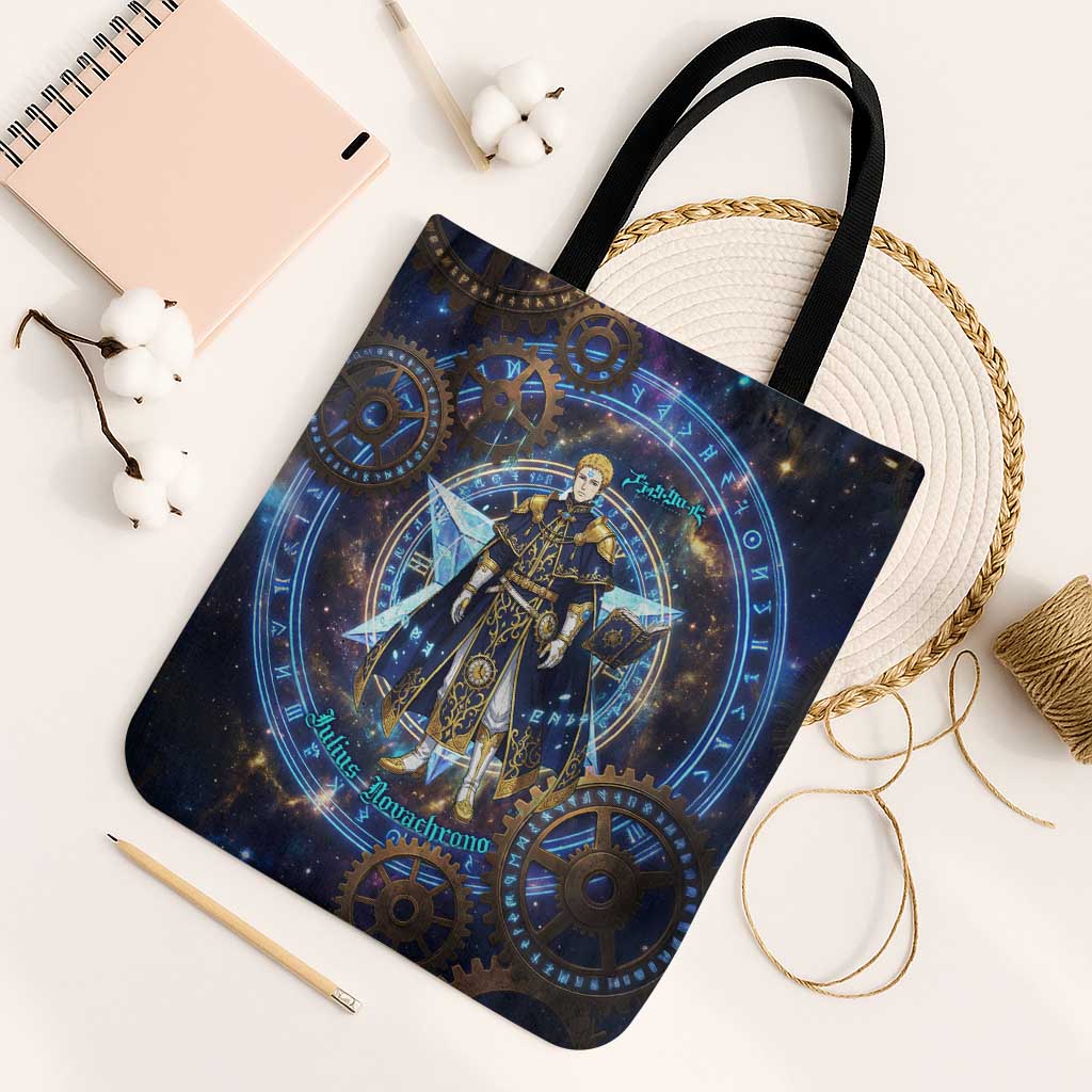 Julius Novachrono Black Clover Tote Bag Cosmic Time Magic Style with Celestial Clockwork Motif