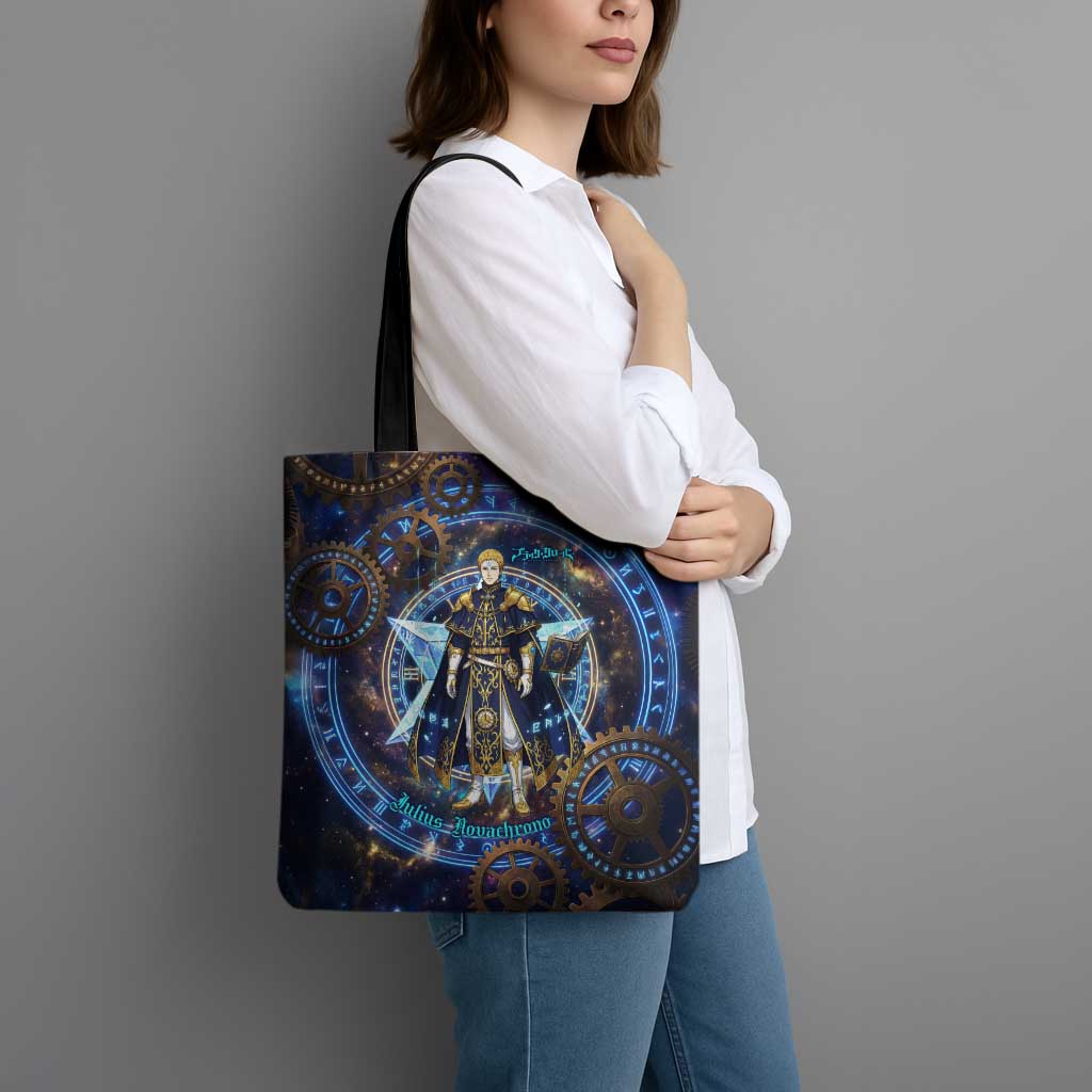Julius Novachrono Black Clover Tote Bag Cosmic Time Magic Style with Celestial Clockwork Motif