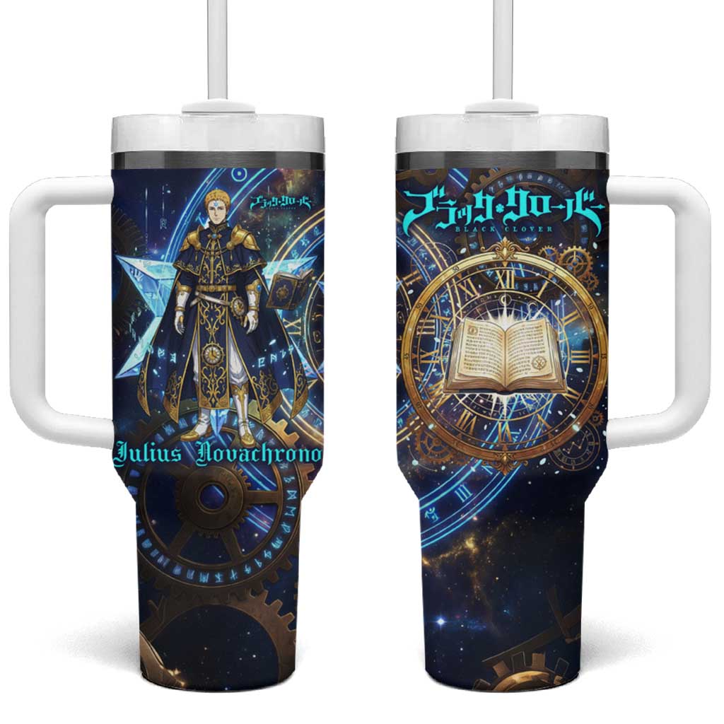 Julius Novachrono Black Clover Tumbler With Handle Cosmic Time Magic Style with Celestial Clockwork Motif