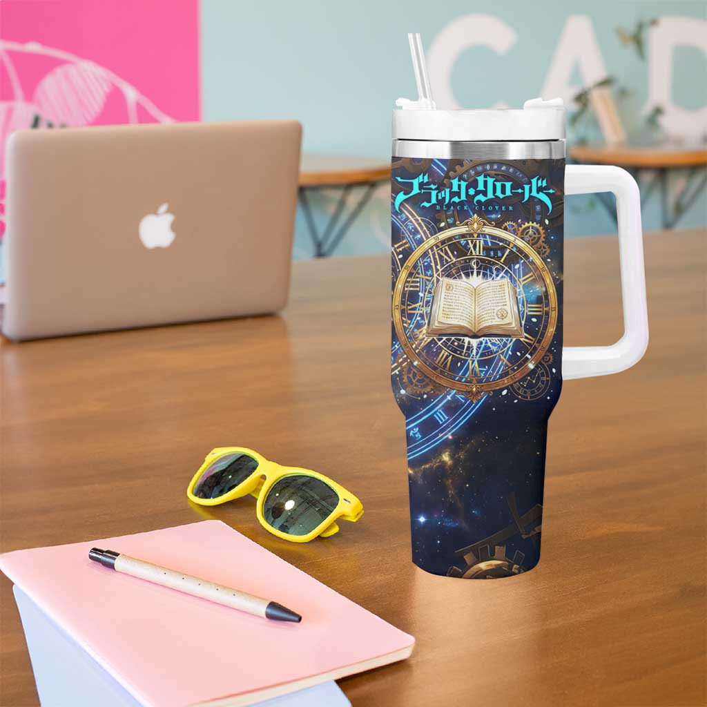 Julius Novachrono Black Clover Tumbler With Handle Cosmic Time Magic Style with Celestial Clockwork Motif