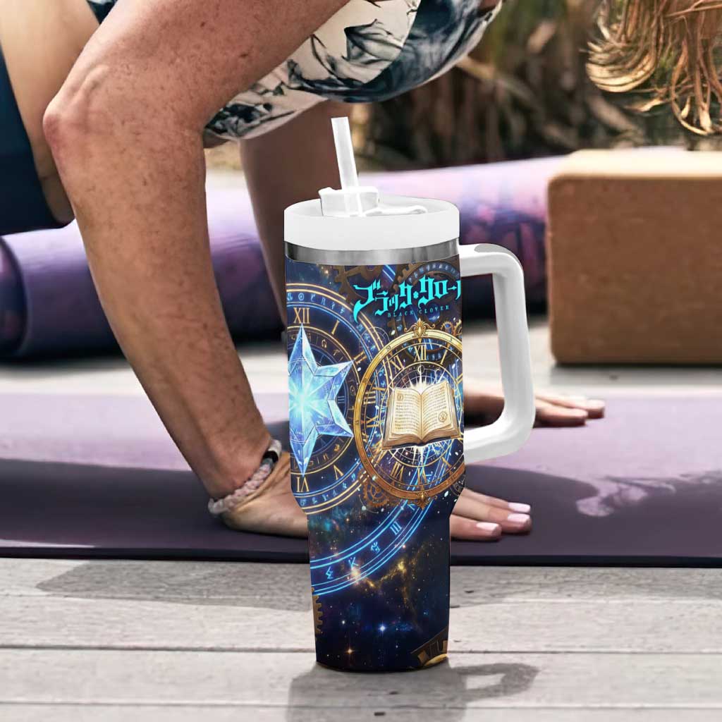 Julius Novachrono Black Clover Tumbler With Handle Cosmic Time Magic Style with Celestial Clockwork Motif